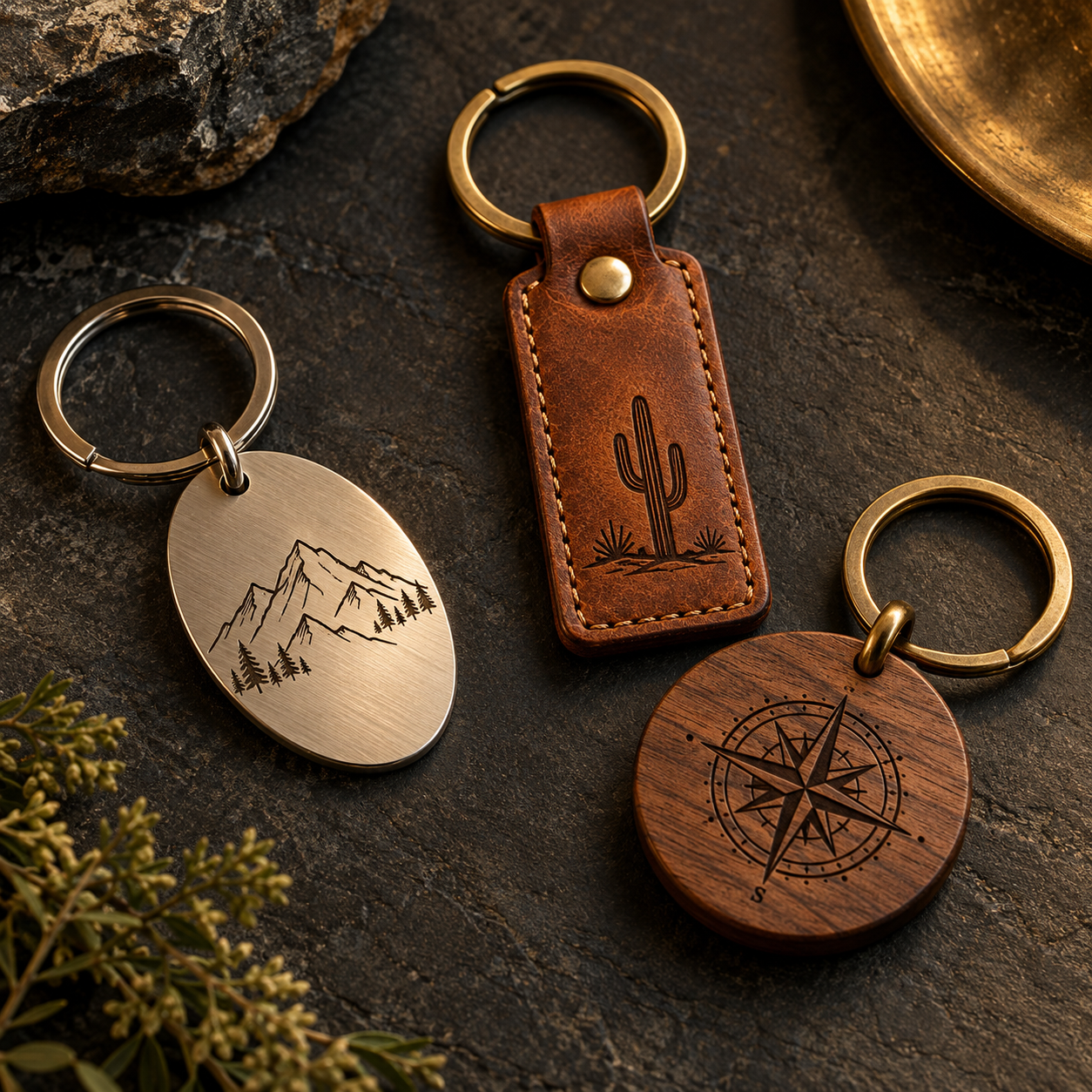 AI-generated examples of engraved metal, leather and wood keychains