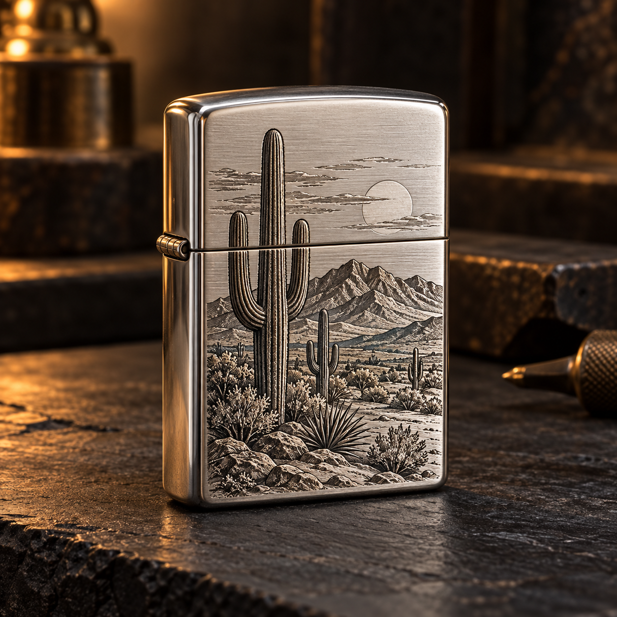 AI-generated engraving concept: Zippo-style lighters