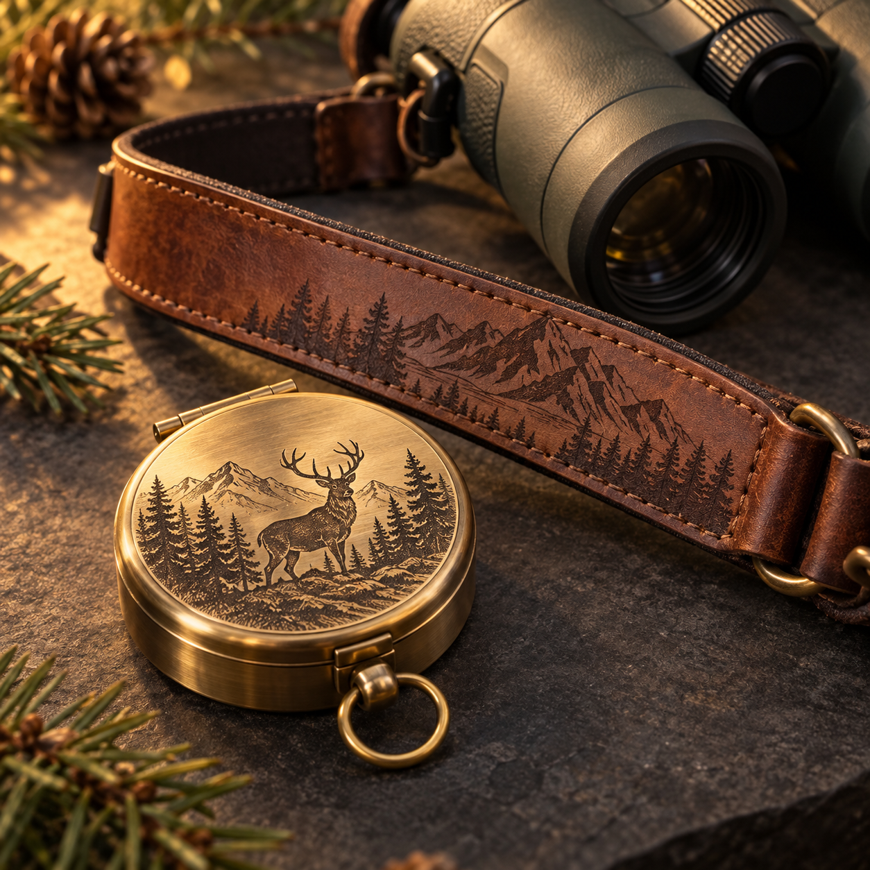AI-generated engraving concept: Hunting & outdoor gear