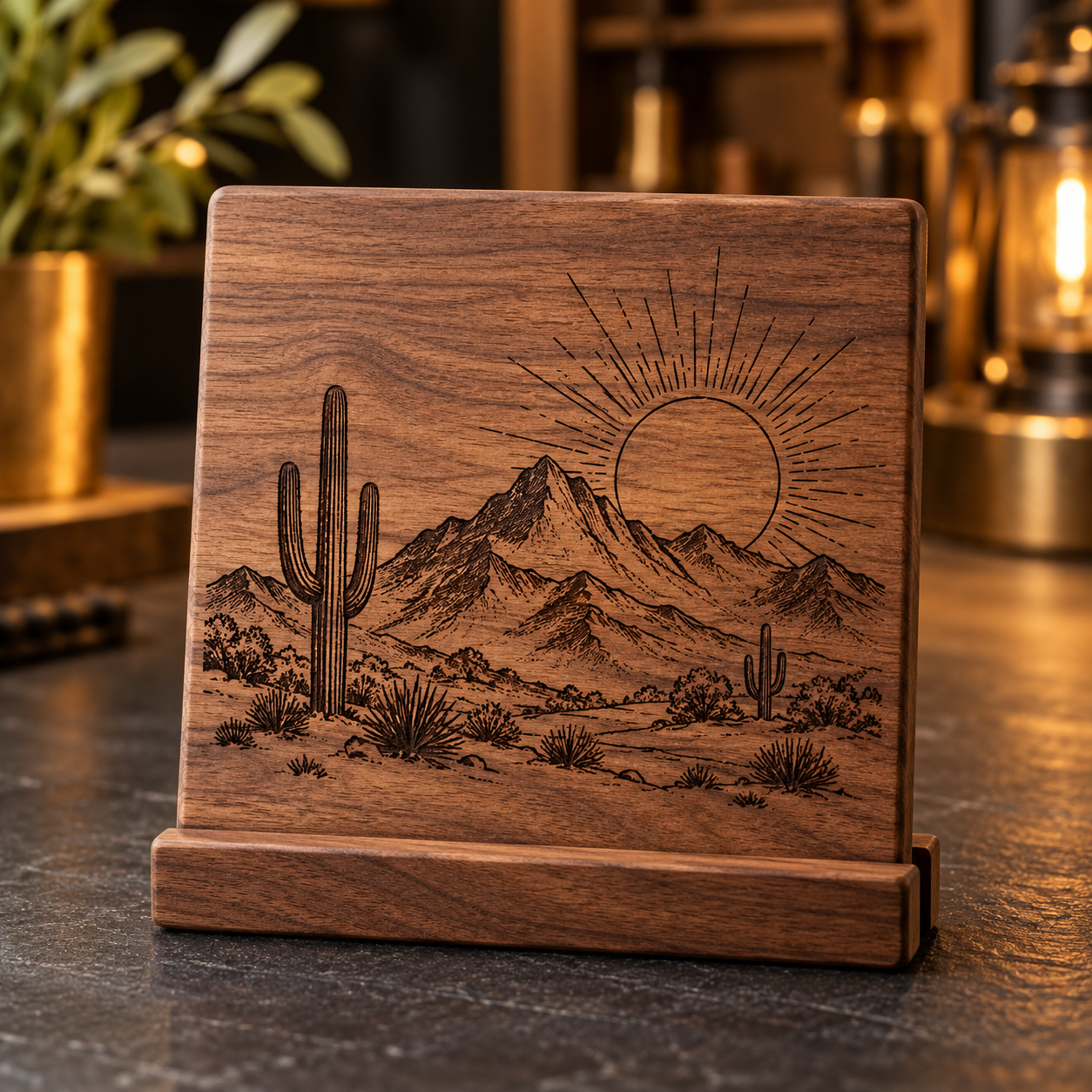 AI-generated example of a walnut plaque engraved with a desert landscape