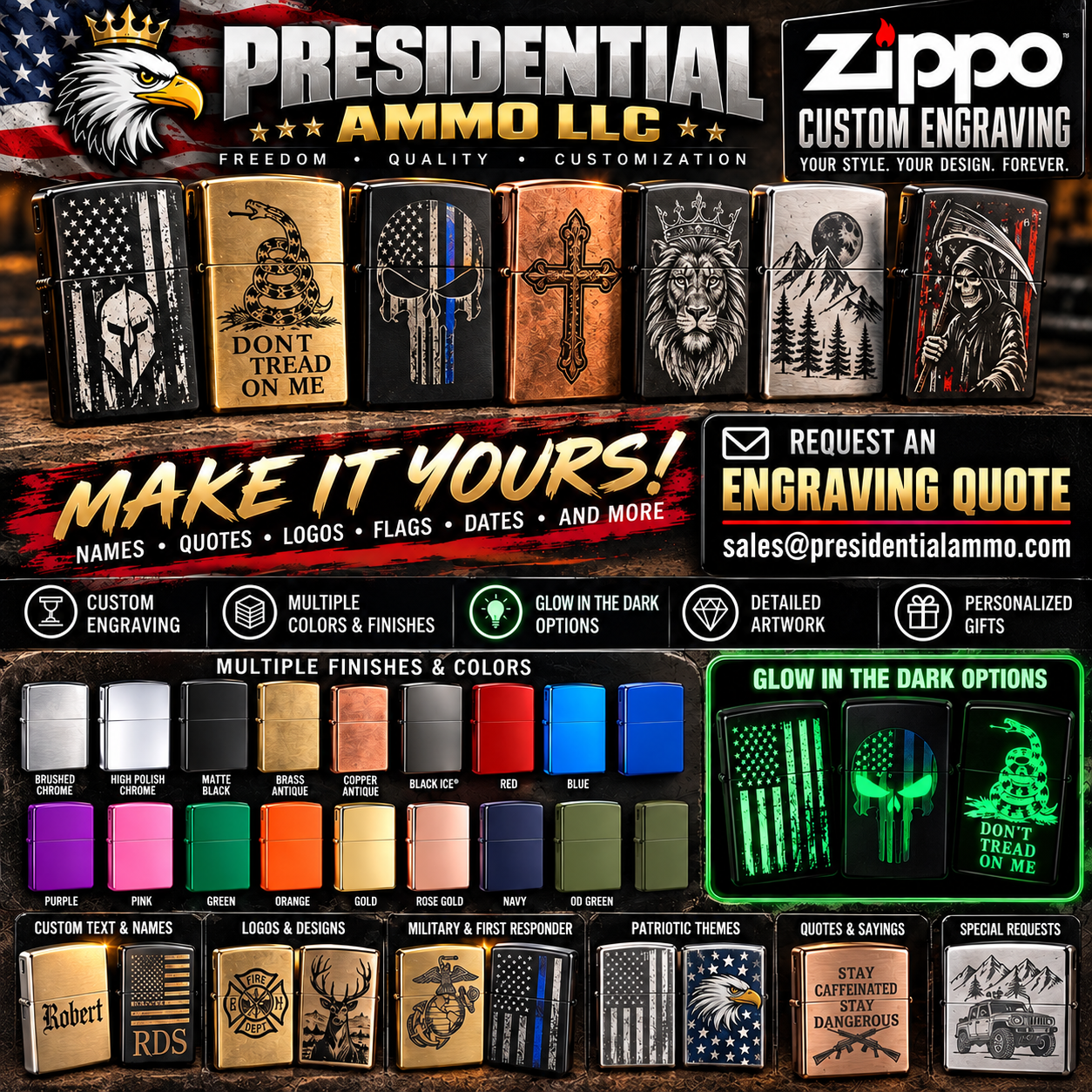 Presidential Ammo personalized lighter engraving promotional artwork